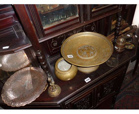 Assorted brass and copper, inc. a Cairo ware copper dish with silver inlaid decoration, Art Nouveau brass deer tazza, old too
