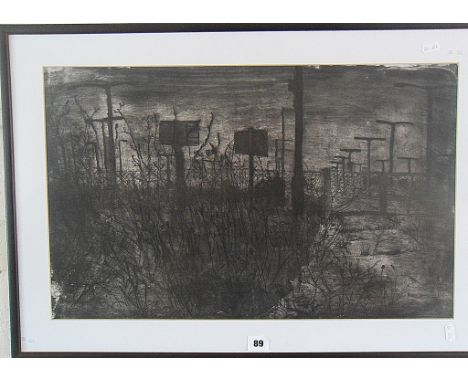 Atmospheric & evocative black & white print of the exterior of a prison camp at dusk
