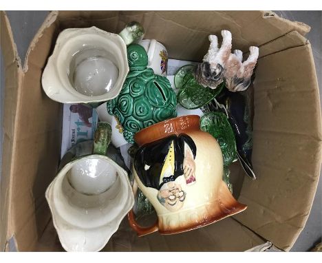 Ceramic and glass mixed lot, including jugs, dog and tortoise money box