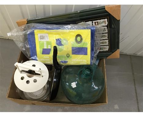 Boxed mixed lot, including large demijohn and storm lamp