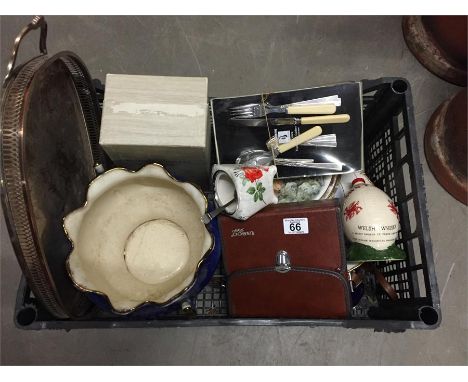 Mixed lot, engraved stuart crystal goblet, Jardiniere, tasco binoculars, welsh whiskey decanter in shape rugby ball, cutlery,