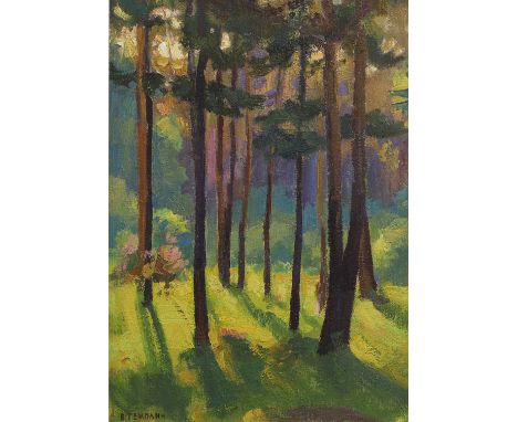 Viktor Templin (1920-1994) Violet sunset in the forestsigned in Cyrillic l.l., oil on card48 x 35cmCondition ReportFramed: 59