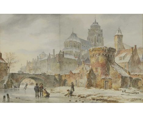 Bartholomeus Johannes van Hove (Dutch, 1790-1880) Figures on a frozen river, a church beyondsigned 'B. J. VAN HOVE' l.l., wat