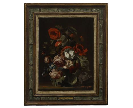 Circle of Simon Pietersz. Verelst (Dutch, c.1644-1721) A still life of roses, poppies, chrysanthemums and other flowers in a 