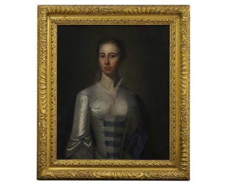 Circle of Enoch Seeman (c.1694-1744) Portrait of a lady, half-length, in a silver silk dress with lace collar and blue wrapoi