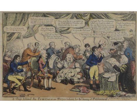 William Charles (fl.1797-1830) 'A Peep behind the Curtains or Preparation for the Meeting of Parliament'coloured engraving, p