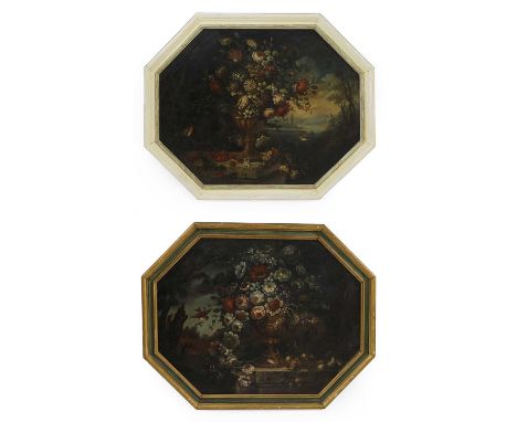 Italian School, 19th century Still lifes of vases of flowers and fruit on a stone ledge, with birdstwo, oil on canvas, octago