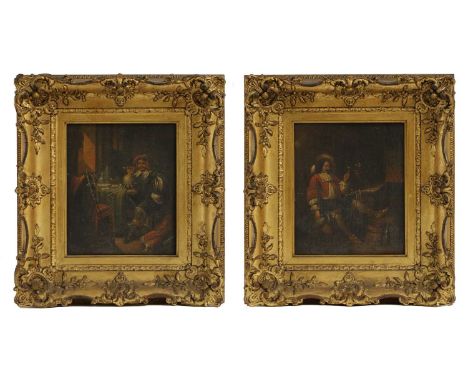 J La..., after Frans van Mieris the Elder A cavalier smoking in an interior;A seated gentleman raising a glass in a tavern in