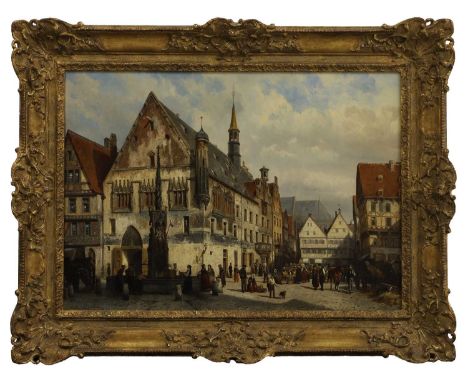 Cornelis Springer (Dutch, 1817-1891) A market by the town hall Ulm, Württemberg signed and dated 'C Springer Dec 69' l.l., al