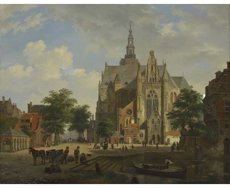 Bartholomeus Johannes van Hove (Dutch, 1790-1880) A Dutch town with figures outside a church, a figure in a boat in the foreg