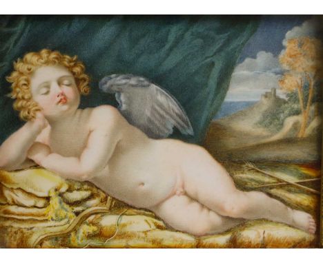 After Guido Reni  Sleeping Cupid miniature on ivory  12 x 16cm  IMPORTANT NOTEThis lot contains elephant ivory material. Plea