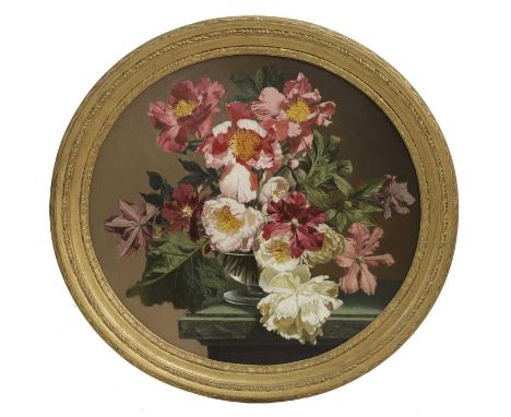 ▲ Gordon Bennett Oates (1928-2009) Summer flowers in a glass bowl on a stone ledgesigned 'Bennett Oates' l.c., oil on board58