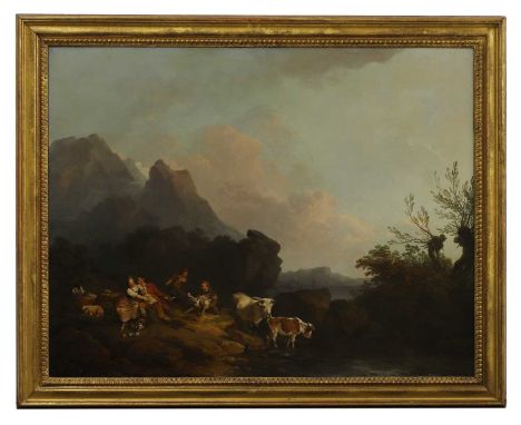 Philip James de Loutherbourg RA (French-British, 1740-1812) Figures and cattle in a mountainous landscapesigned 'P. l de Lout