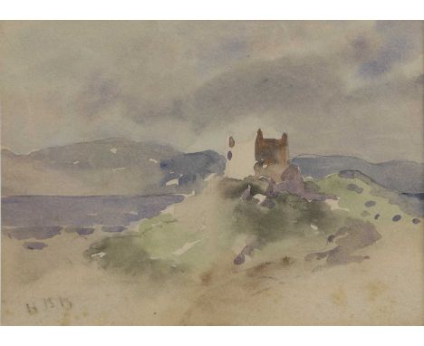 Hercules Brabazon Brabazon (1821-1906)  A castle on a hill overlooking a lake signed with initials l.l., watercolour 10.5 x 1