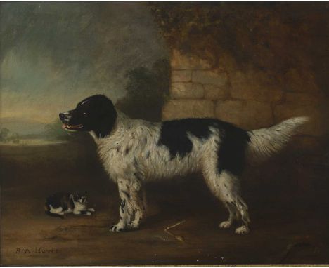 B Aplin Howe (fl.1844-1857) A black and white spaniel with a catsigned 'B. A. HOWE' l.l., oil on canvas50.5 x 61cmCondition R