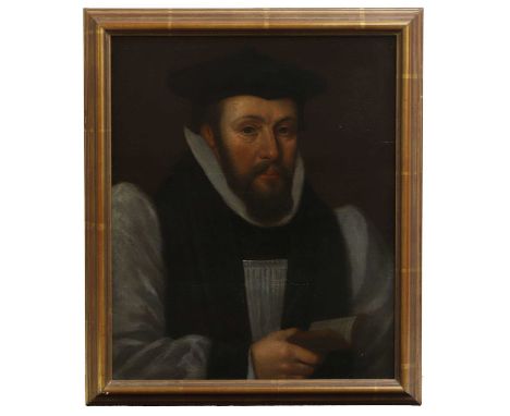 English School, 17th century Portrait of a cleric, thought to be prebendary John Rogers, half-length, holding a bibleoil on p