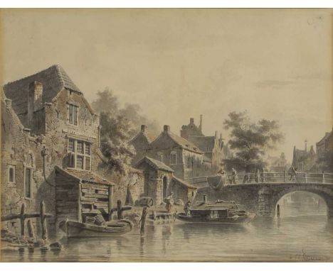 Adrianus Eversen (Dutch, 1818-1897) A Dutch town on a canal with figures on a bridgesigned and dated 'A Eversen 54' l.r., wat
