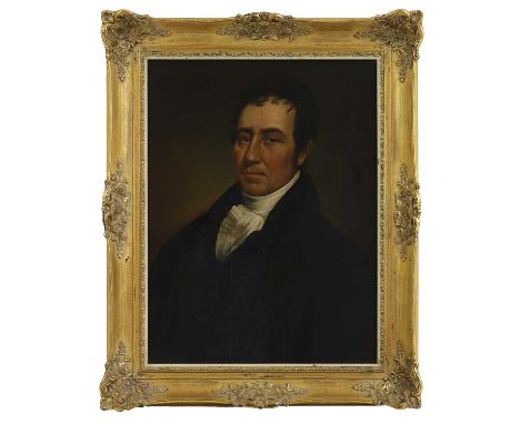 English School, early 19th century Portrait of a man, half-length, in a black coat and striped waistcoatoil canvas laid down 