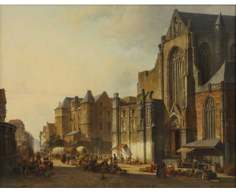 Kaspar Karsen (Dutch, 1810-1896) A Dutch town scene with a market by a churchsigned 'K. Karsen' l.r., oil on panel46 x 59cmPr