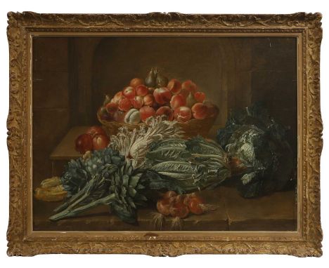 Jean-Jacques Spoede (Flemish, 1680-1757) Still life of a cabbage, artichokes, fennel, apples, marrows and a basket of peaches