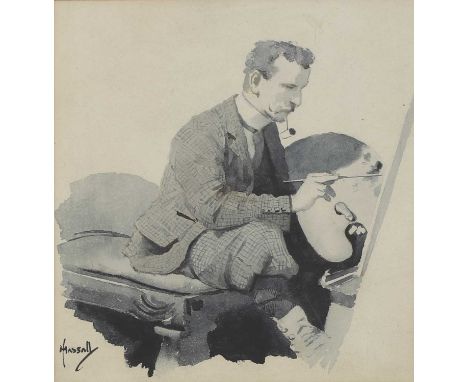 John Hassall (1868-1948)  Portrait study of Cecil Aldin painting at his easel signed 'HASSALL' l.l., watercolour en grisaille
