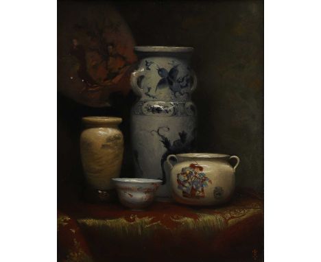 Helen Thornycroft (1848-1937) Still life of Japanese porcelain and a fansigned with monogram l.r., oil on board51 x 41cmProve