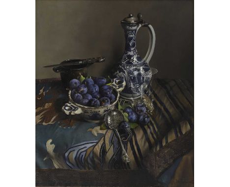 ▲ Willem Dolphyn (Belgian, 1935-2016) Still life of a Chinese blue and white wine jug, plums in a delft dish and a glass beak