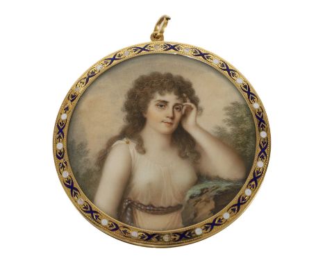 English School, late 19th century Portrait of a young woman, half-length, in classical dress in a landscapeminiature on ivory