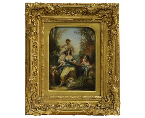 Follower of Charles Baxter Three young women in a garden, one putting flowers in another's hairoil on canvas 22.5 x 16.5cmCon