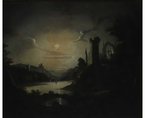 Circle of Sebastian Pether (1793-1844) A river landscape by moonlight with a ruined abbeyoil on canvas50 x 60cmCondition Repo