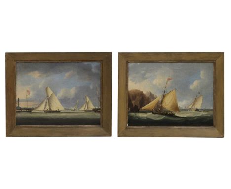 Thomas Buttersworth (1768-1842) Yachts and a paddle steamer off the coast;A sailing vessel and a Dutch fishing boat off a roc