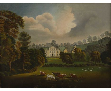 English Primitive School, 19th century View of a country house, with cattle in the foregroundoil on canvas50 x 64cmProvenance