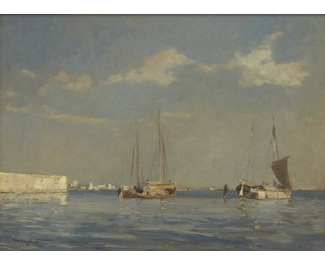 Emma Ciardi (Italian, 1879-1933) Boats off the coastsigned 'Emma Ciardi' l.l., oil on board37 x 49cmProvenance: With The Rowl