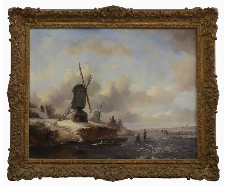 Fredrik Marinus Kruseman (Dutch, 1816-1882) A winter scene with figures on a frozen river, with windmills and a distant town 