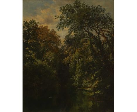 Walter Wallor Caffyn (1845-1898) A wooded river landscapesigned and dated 'W W Caffyn 1877' l.r., oil on canvas61 x 51cmCondi