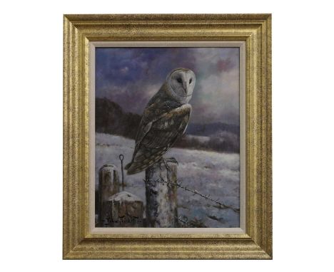 ▲ John Trickett (b.1952) A barn owlsigned 'John Trickett' l.l., oil on canvas51 x 40.5cmCondition ReportFramed: 66.5 x 56cmAp