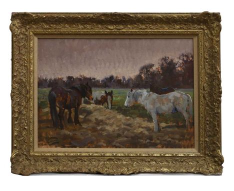 ▲ Malcolm Coward (b.1948) Horses at sunsetsigned 'M Coward' l.l., oil on canvas laid on board38 x 53cmCondition ReportFramed:
