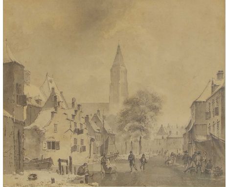 Kaspar Karsen (Dutch, 1810-1896) Figures skating in a Dutch townsigned 'K Karsen' three times verso, pen and ink and watercol