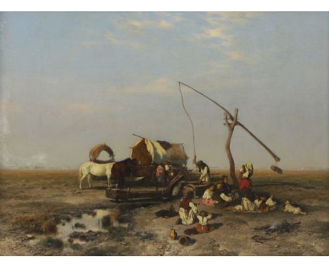 Pál Böhm (Hungarian, 1839-1905) Travellers in a rural setting signed and inscribed 'fest: Böhm Pál. München' l.r., oil on pan