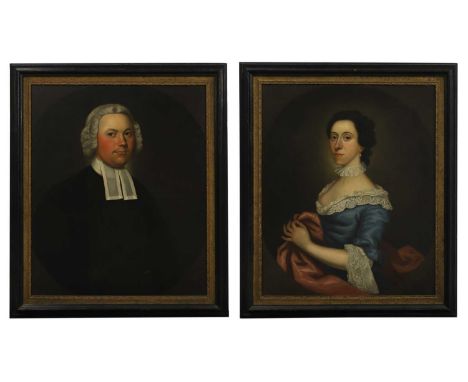 John Cornish (fl.1750-1760) Portrait of a cleric, half-length;Portrait of a lady, half-length, in a blue dress with pink wrap