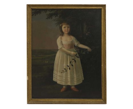 English School, late 18th century Portrait of a girl, full-length, in a white dress with a pink sash, picking honeysuckle at 