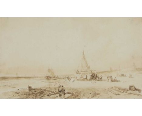 Charles Leickert (Belgian, 1816-1907) A shore scene with figures and beached boatspen and ink and brown washes15 x 28cmProven