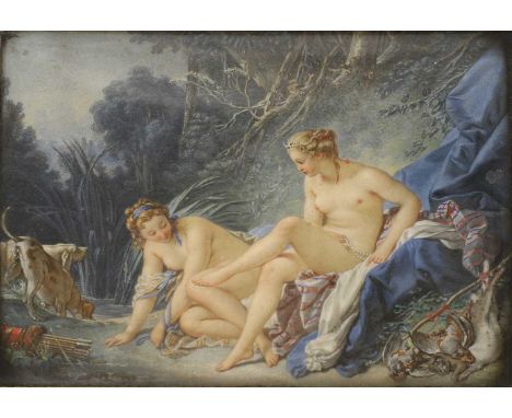 John Jules Nimmo (French, c.1830-1890), after François Boucher  Diana bathing miniature on ivory, 1879, inscribed verso 10 x 
