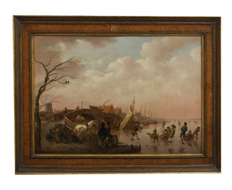 Hendrik Willem Schweickhardt (German, 1747-1797) A winter landscape with figures on a frozen river, others by a bridge in the