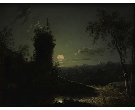 Sebastian Pether (1793-1844) A moonlit landscape with figures by a ruined toweroil on canvas20.5 x 26cmCondition ReportFramed