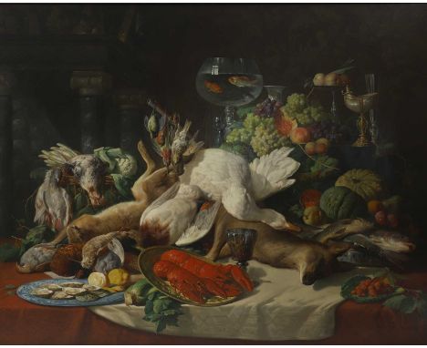 Lucas Schaefels (Belgian, 1824-1885) Still life of dead game, a lobster, fish, fruit and vegetables on a draped tablesigned a