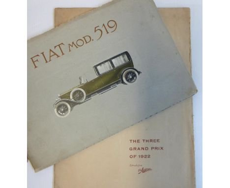 FIAT- The Three Grand Prix of 1922. A rare promotional folder, issued by FIAT, comprising report extracts for the 1922 French