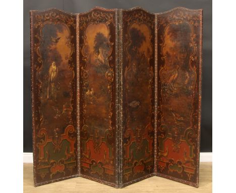 Interior Design - a four-fold screen, painted throughout with birds in landscapes within rococo frames, 185cm high, each pane