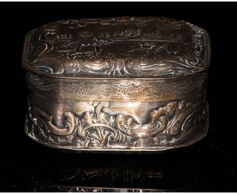 A continental silver canted rectangular snuff box, embossed in low relief with cattle and other rural agricultural figures, h