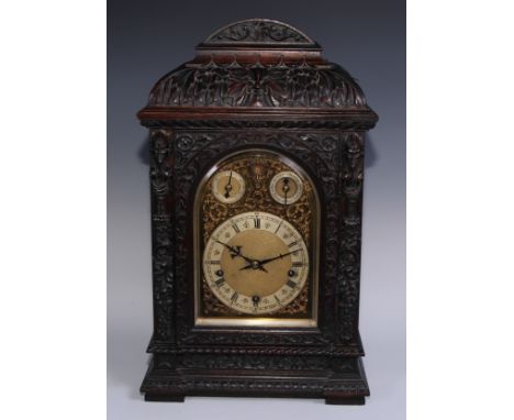 A late 19th century oak caddy top bracket clock, 16cm chapter ring with Roman and subsidiary Arabic numerals, Chime on eight 